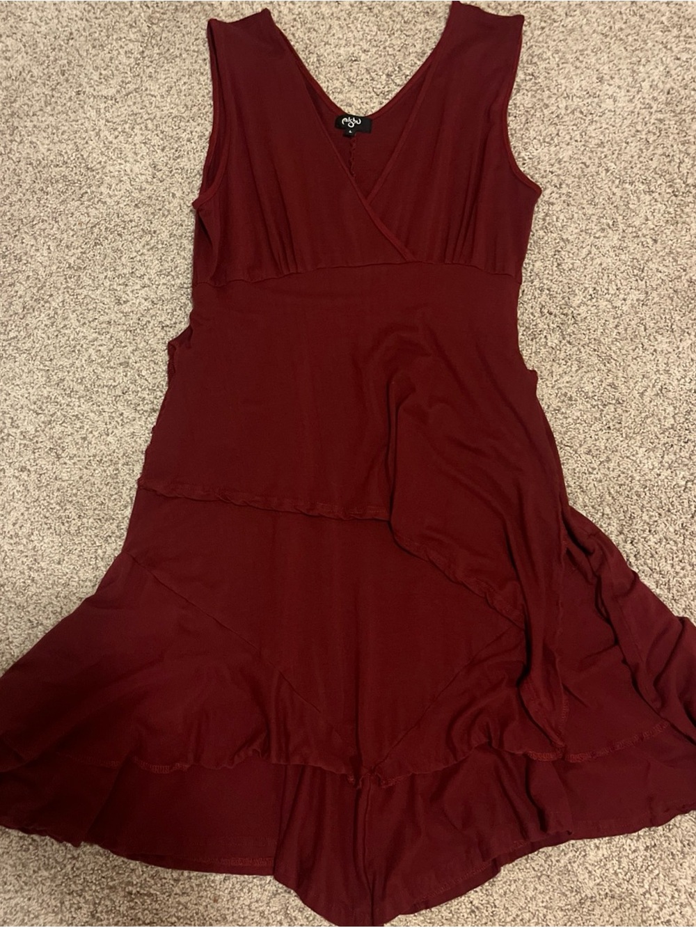 Sleeveless Burgundy V-Neck Tiered faux wrap whimsical earthy Dress
